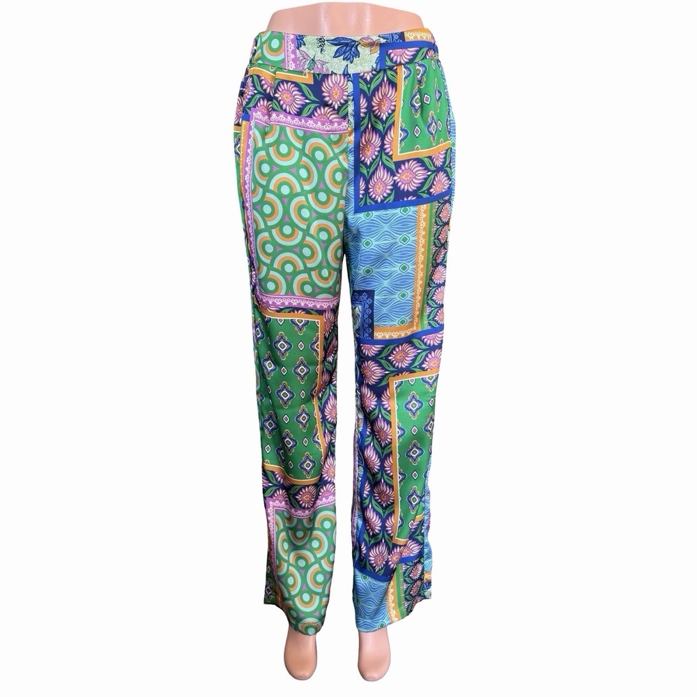 Rachel Zoe Patchwork Palazzo Pants Sz L Wide Leg • Scarf Print Resort Wear Boho - Picture 2 of 12